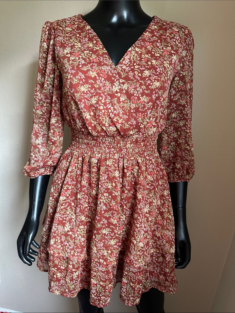 Mimi Chica Rust Floral Long Sleeve Tiered Wrap Dress